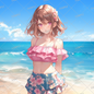 AC-0357 A girl in a pink bikini looking away, her hair blowing in the wind at the beach