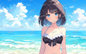 AC-0374 A girl with black bob hair wearing a black and white bikini with a ribbon on her chest