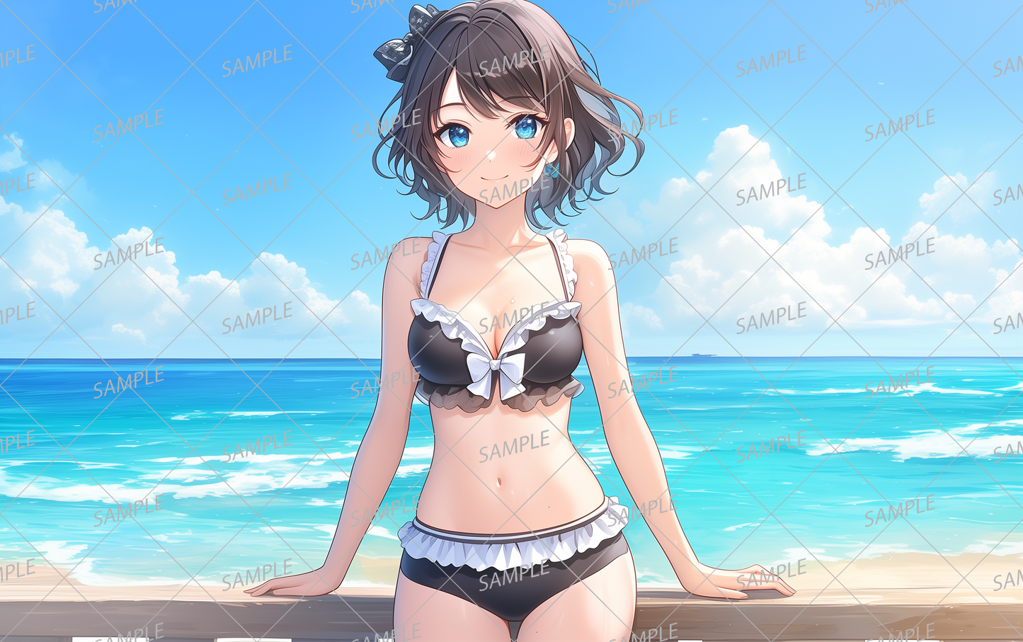 AC-0375 A girl with wavy black hair and a black bikini sitting with the sea in the background