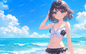 AC-0376 Smiling girl with black bob hair and black bikini