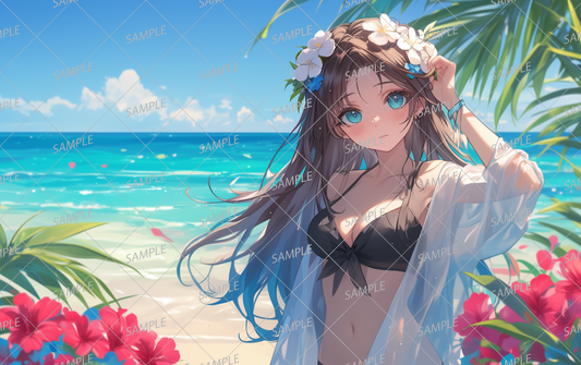 AC-0384 A girl in a black bikini with a white flower on her head and a band on her arm