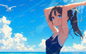 AC-0387 A girl with a ponytail and a swimsuit raising her hands in the sea