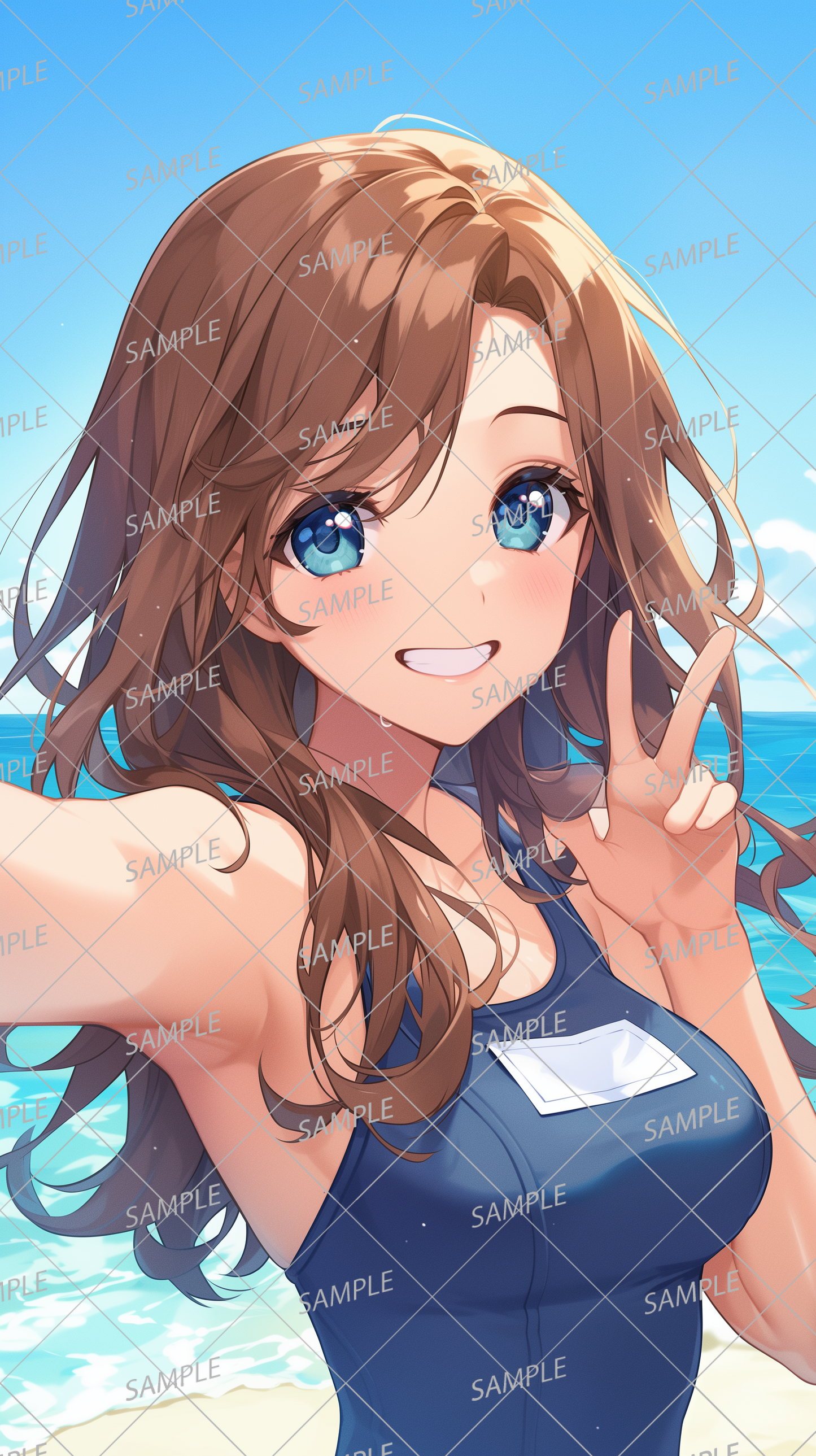 AC-0388 A brown-haired gal wearing a swimsuit taking a selfie on the beach