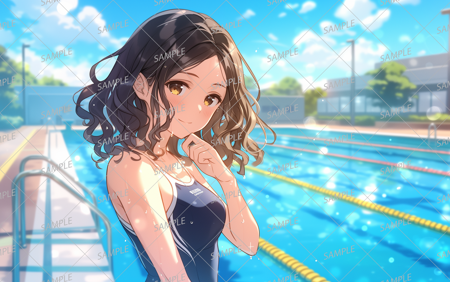 AC-0395 A woman in a swimsuit smiling by the pool