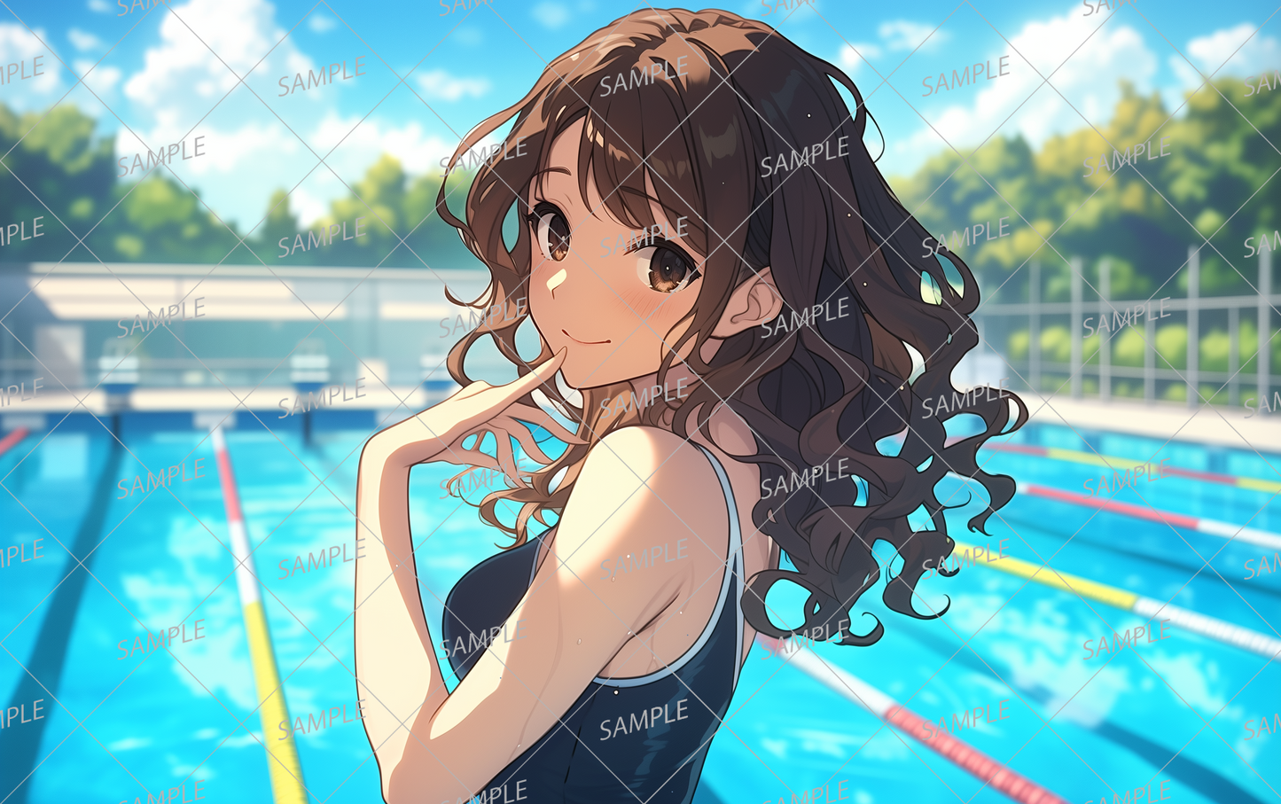 AC-0396 A woman in a swimsuit turns around by the pool and holds her fingers to her face