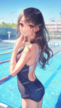 AC-0397 A girl in a school swimsuit turns around and stares with watery eyes