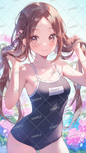 AC-0399 A girl in a swimsuit posing with her hair up against a backdrop of hydrangeas