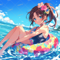 AC-0403 A girl in a navy blue swimsuit riding on a floral swim ring