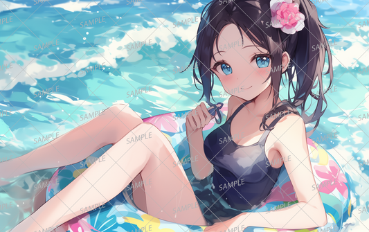 AC-0407 A fair-skinned girl with black hair wearing a black swimsuit and a floral float