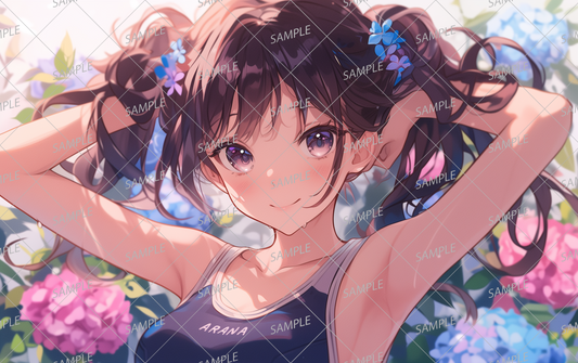 AC-0408 A girl in a school swimsuit surrounded by lots of hydrangeas