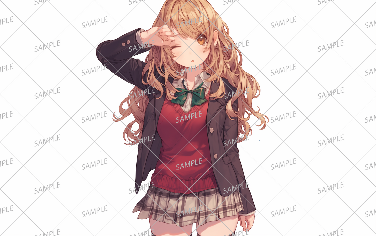 AC-0431 A blonde girl wearing a checkered skirt and blazer winking sleepily