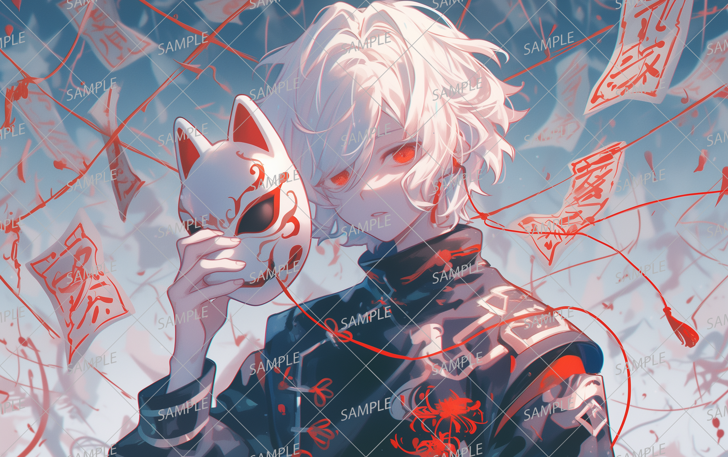 AC-0463 A white-haired character with red eyes and a fox mask