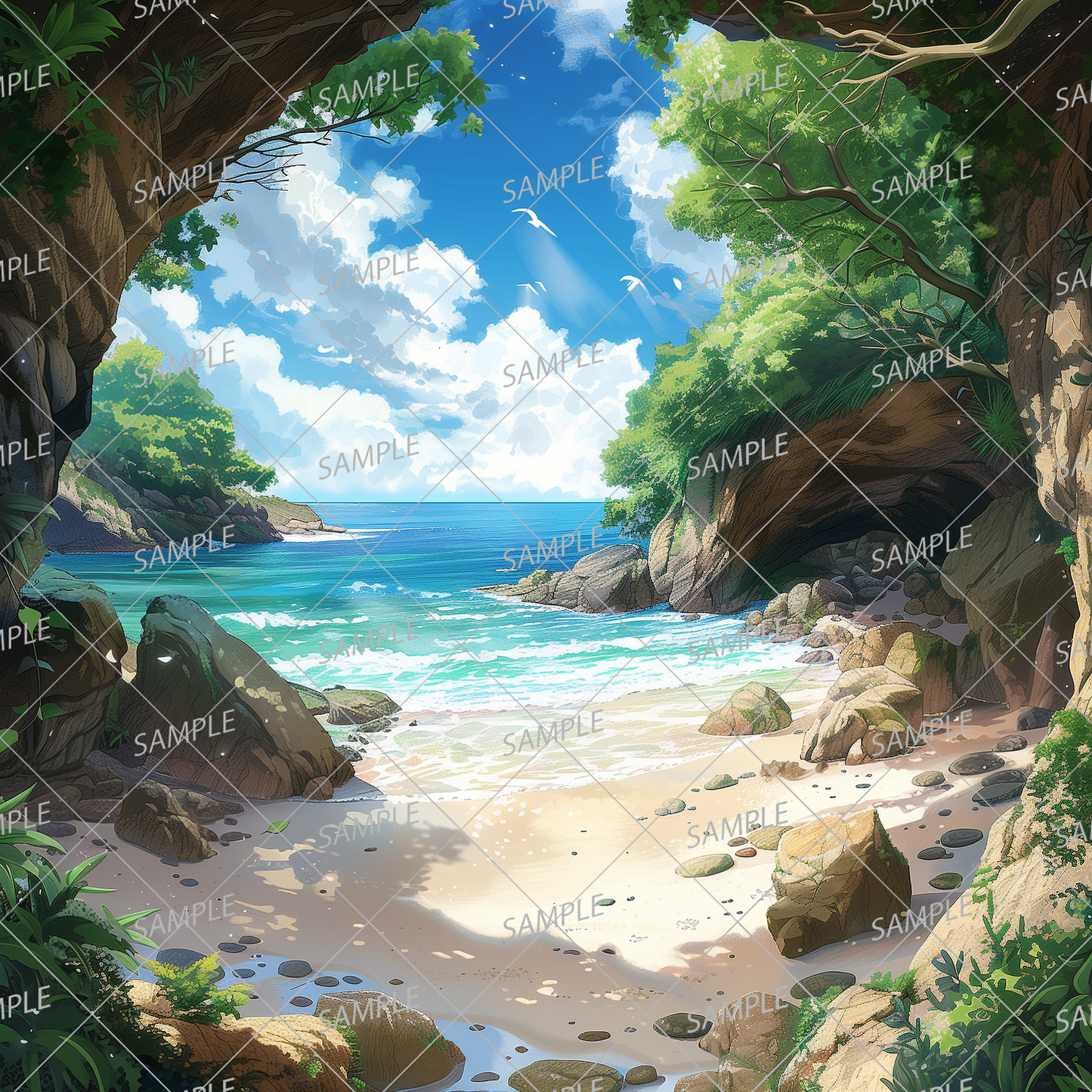 AC-0035 A quiet beach surrounded by green plants